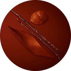 A flat lay of three natural materials on a circular, earthy red background: a smooth, elongated leather piece, two thin, textured sticks, and a small, rounded piece of resin.