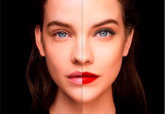 A split image of a woman's face, with one side showing her natural look and the other side featuring bold makeup, including red lipstick and eye shadow.