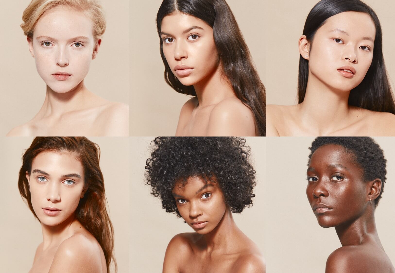 A collage featuring six women with diverse skin tones and hair types, each with natural makeup and a neutral background. The women are shown in close-up portraits, highlighting their unique features and expressions.