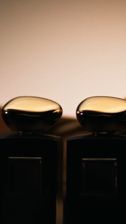 Armani/Prive Cuir Collection fragrances in a refined leather-inspired setting.