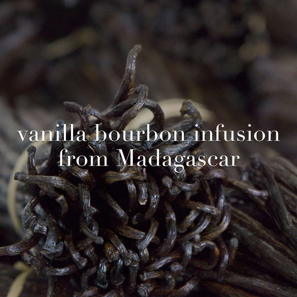 Close-up of dark vanilla beans with the text "vanilla bourbon infusion from Madagascar" overlaid.