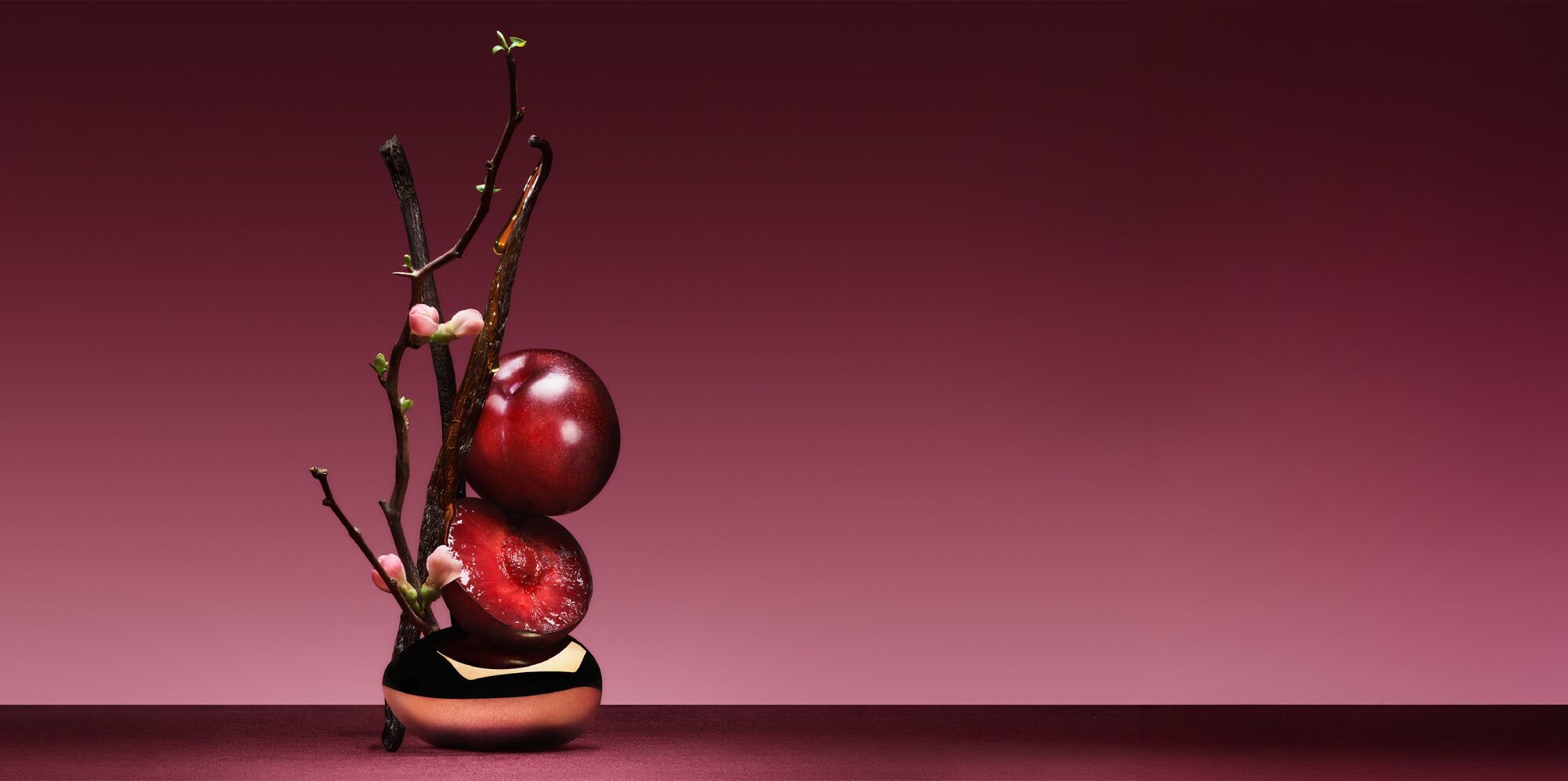 Cuir Rubis olfaction visual with plum, licorice and leather-inspired elements.