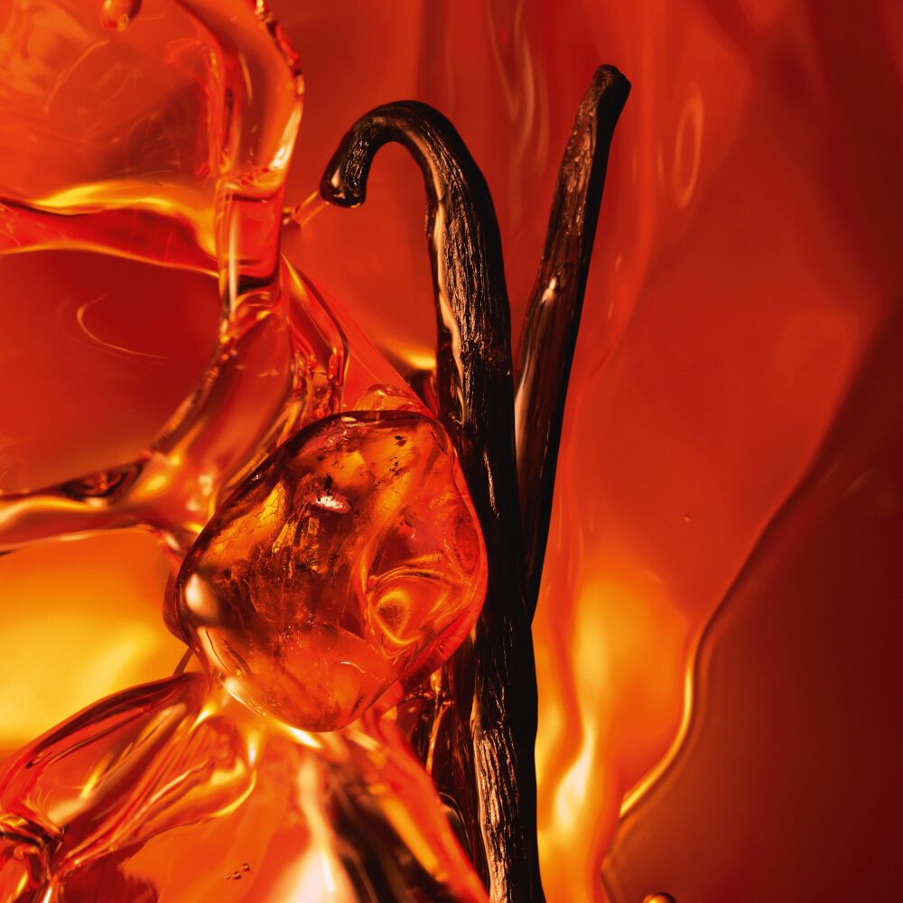 Eine Nahaufnahme von zwei dunklen Vanilleschoten und glanzendem Amberharz vor einem warmen, leuchtenden Amberhintergrund.