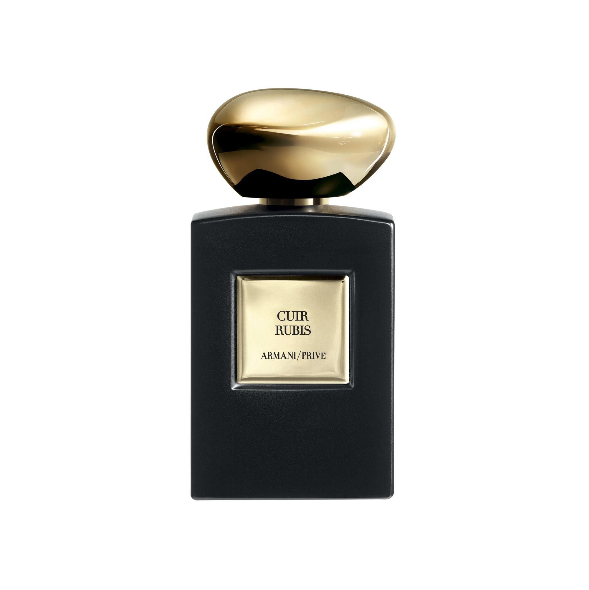 Armani/Prive Cuir Rubis fragrance in its black bottle with golden cap.