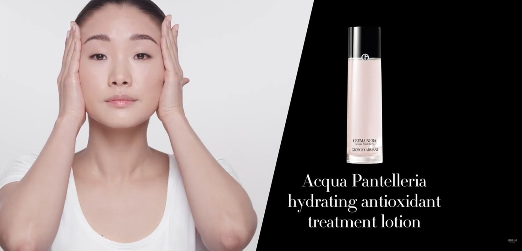 A woman applies skincare on her face, beside a bottle of Acqua Pantelleria hydrating antioxidant treatment lotion.