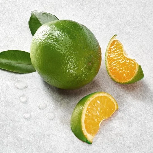 Green mandarin and lime slices on a white textured surface. Top note of Giorgio Armani Acqua di Giò Eau de Parfum, a woody aromatic aquatic men's fragrance.